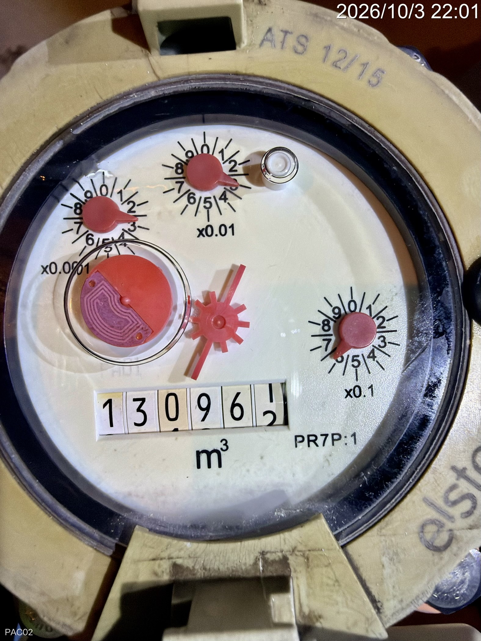 PAC bulk water meter photographed at 10:01 pm during the no-use inspection on 3 October 2026.